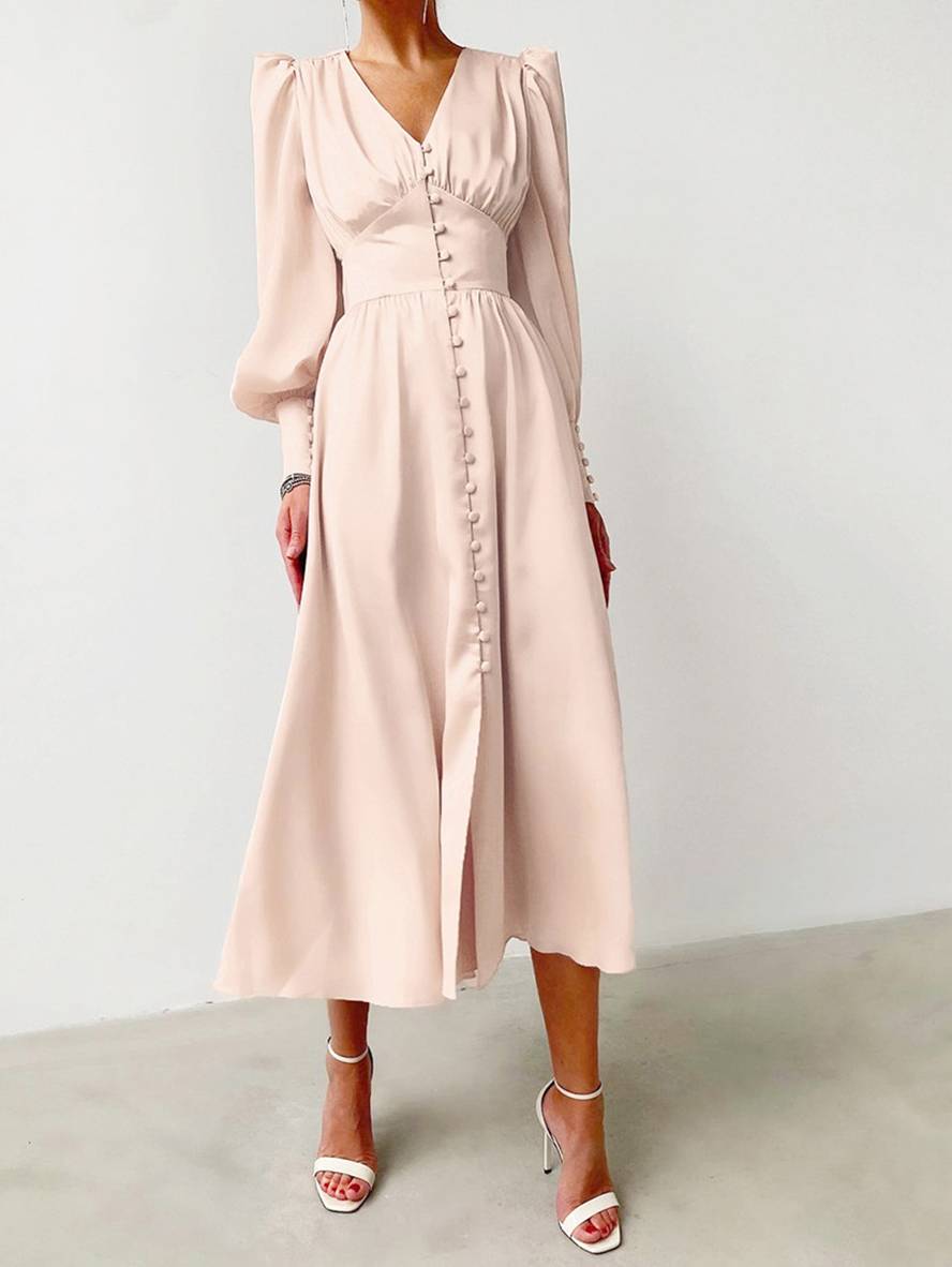 Zaprada long satin dress with V-neck, button closure, bishop sleeves, long sleeves, elegant vintage evening dress for weddings
