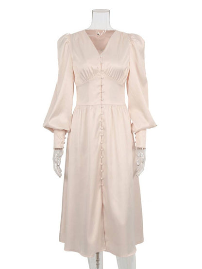 Zaprada long satin dress with V-neck, button closure, bishop sleeves, long sleeves, elegant vintage evening dress for weddings