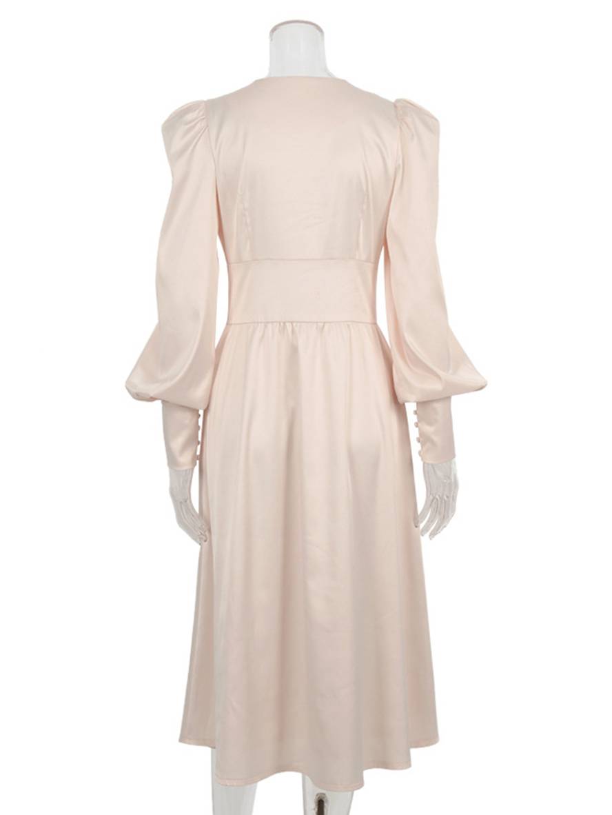 Zaprada long satin dress with V-neck, button closure, bishop sleeves, long sleeves, elegant vintage evening dress for weddings