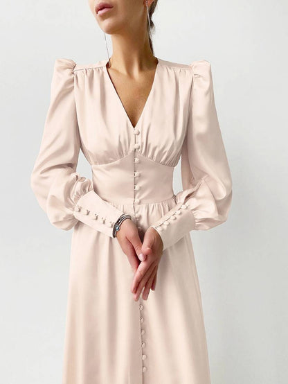 Zaprada long satin dress with V-neck, button closure, bishop sleeves, long sleeves, elegant vintage evening dress for weddings