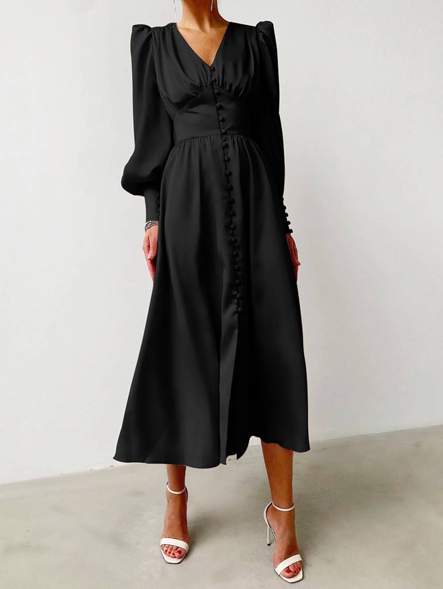 Zaprada long satin dress with V-neck, button closure, bishop sleeves, long sleeves, elegant vintage evening dress for weddings