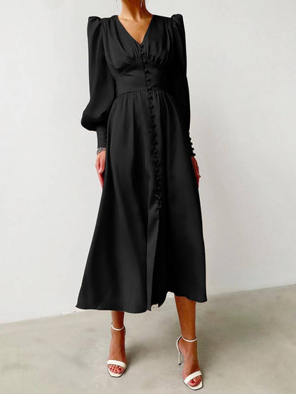Zaprada long satin dress with V-neck, button closure, bishop sleeves, long sleeves, elegant vintage evening dress for weddings