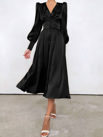 Zaprada long satin dress with V-neck, button closure, bishop sleeves, long sleeves, elegant vintage evening dress for weddings