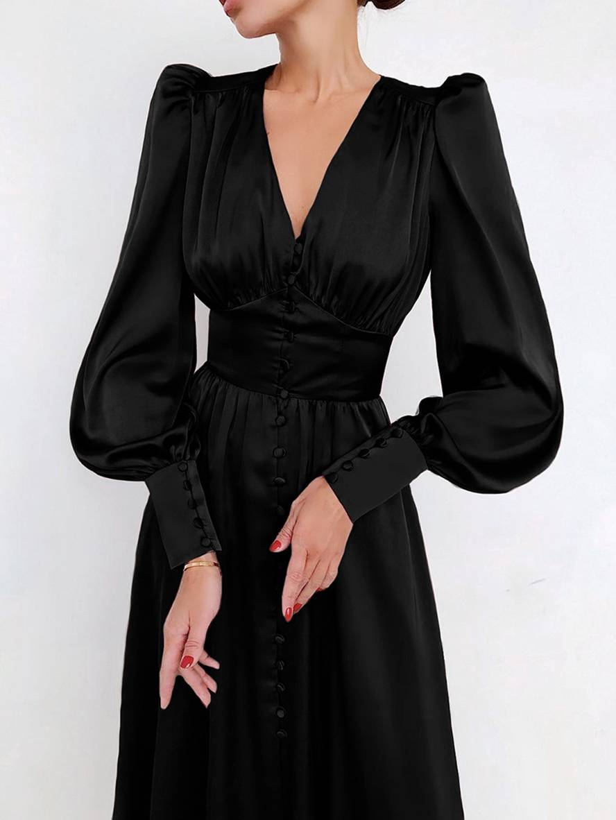 Zaprada long satin dress with V-neck, button closure, bishop sleeves, long sleeves, elegant vintage evening dress for weddings