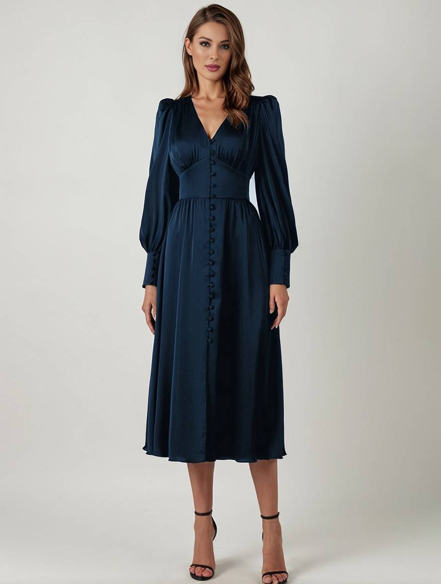 Zaprada long satin dress with V-neck, button closure, bishop sleeves, long sleeves, elegant vintage evening dress for weddings