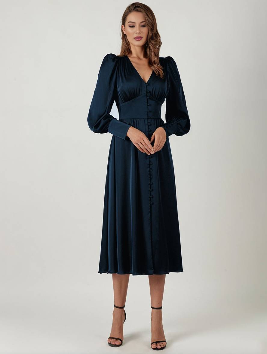 Zaprada long satin dress with V-neck, button closure, bishop sleeves, long sleeves, elegant vintage evening dress for weddings
