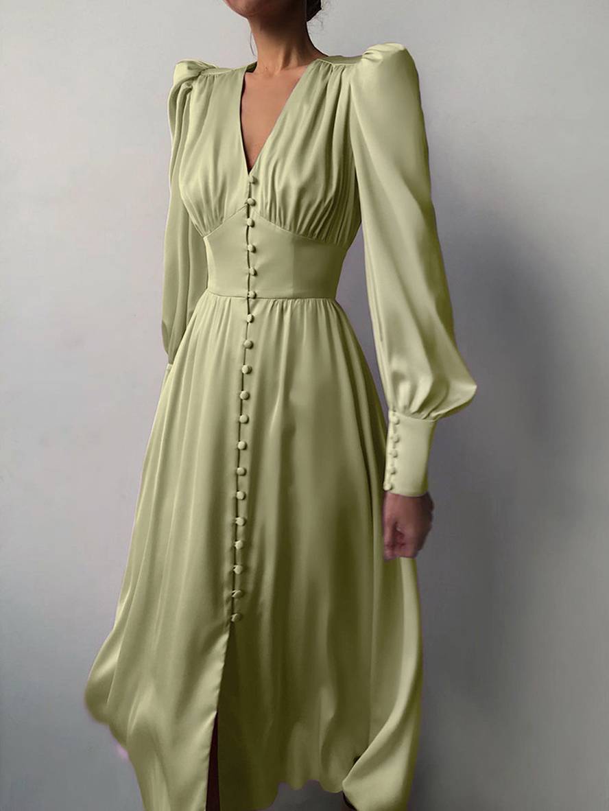 Zaprada long satin dress with V-neck, button closure, bishop sleeves, long sleeves, elegant vintage evening dress for weddings