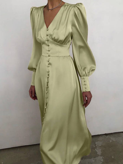 Zaprada long satin dress with V-neck, button closure, bishop sleeves, long sleeves, elegant vintage evening dress for weddings