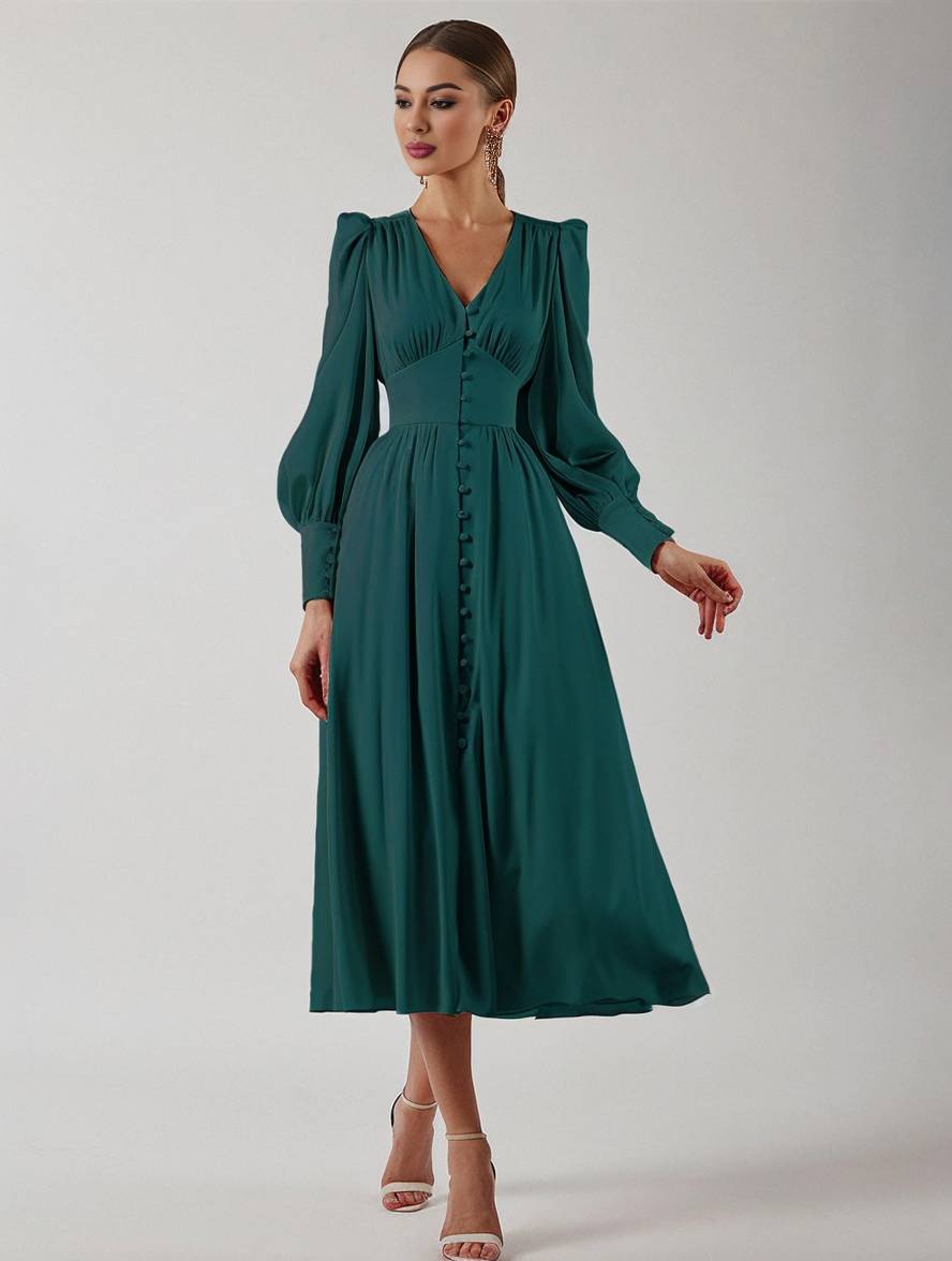 Zaprada long satin dress with V-neck, button closure, bishop sleeves, long sleeves, elegant vintage evening dress for weddings