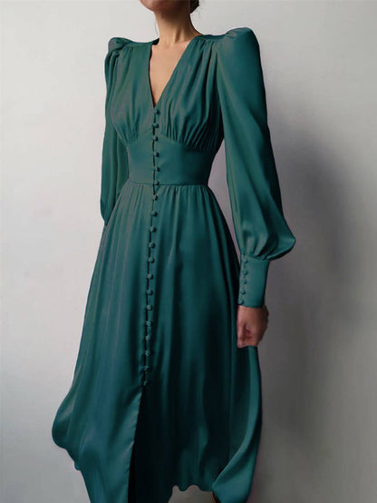 Zaprada long satin dress with V-neck, button closure, bishop sleeves, long sleeves, elegant vintage evening dress for weddings