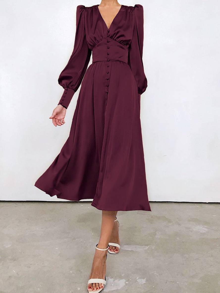 Zaprada long satin dress with V-neck, button closure, bishop sleeves, long sleeves, elegant vintage evening dress for weddings
