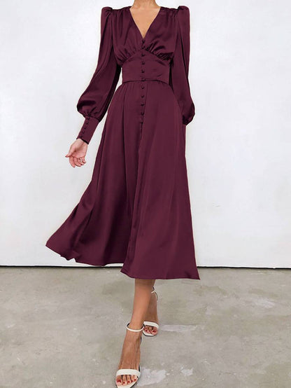 Zaprada long satin dress with V-neck, button closure, bishop sleeves, long sleeves, elegant vintage evening dress for weddings
