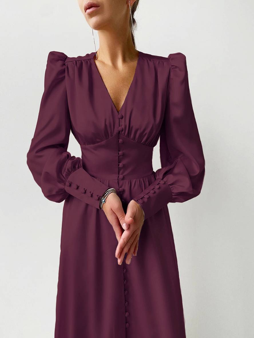 Zaprada long satin dress with V-neck, button closure, bishop sleeves, long sleeves, elegant vintage evening dress for weddings
