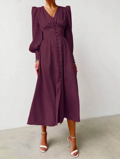 Zaprada long satin dress with V-neck, button closure, bishop sleeves, long sleeves, elegant vintage evening dress for weddings