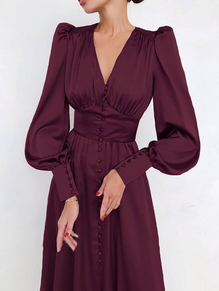 Zaprada long satin dress with V-neck, button closure, bishop sleeves, long sleeves, elegant vintage evening dress for weddings