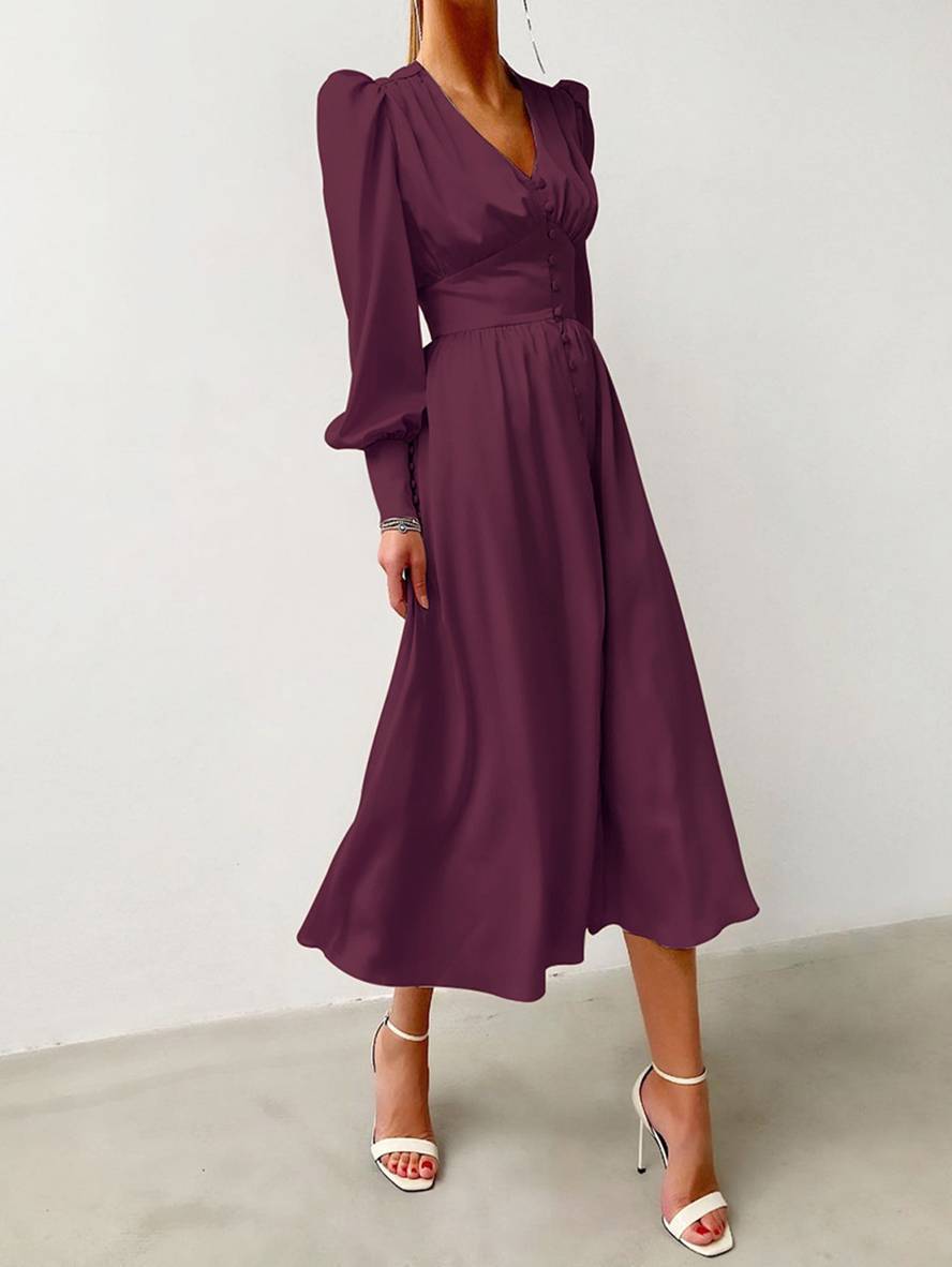 Zaprada long satin dress with V-neck, button closure, bishop sleeves, long sleeves, elegant vintage evening dress for weddings