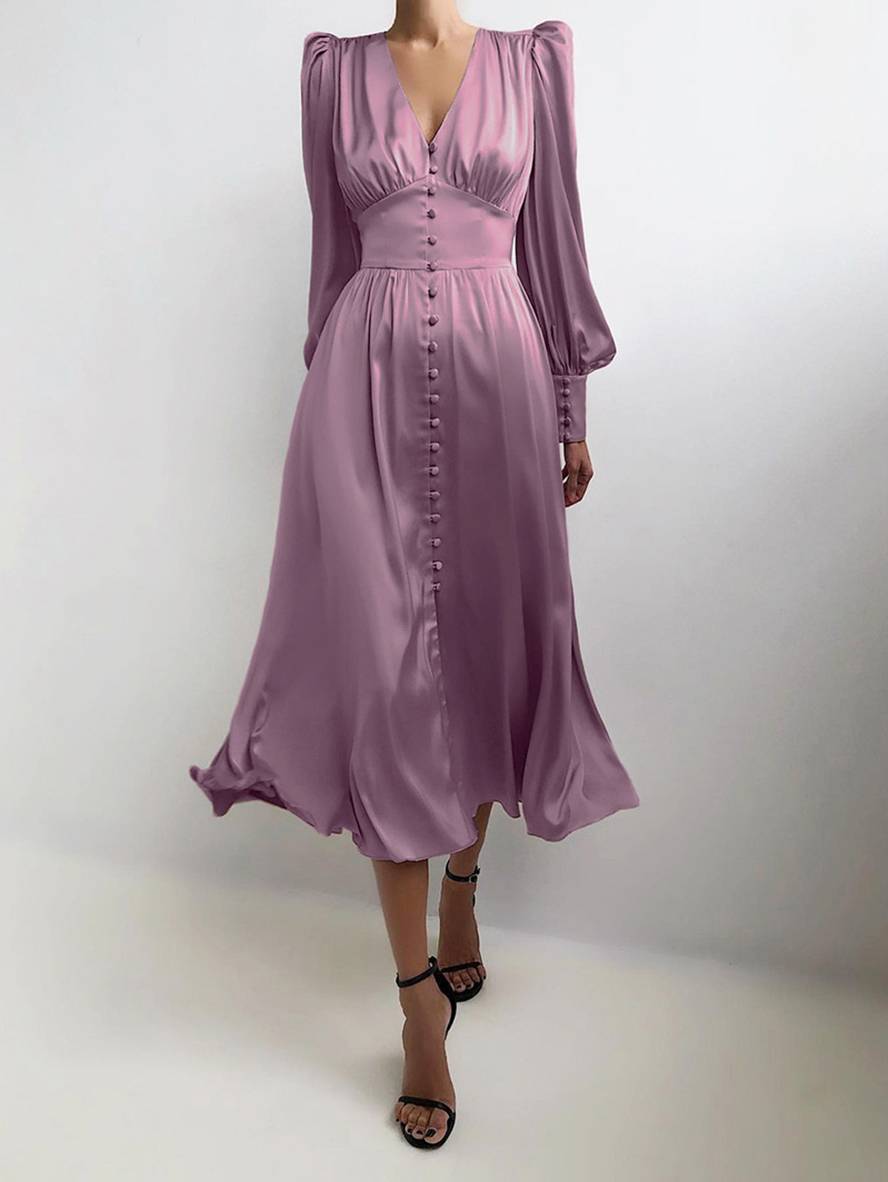 Zaprada long satin dress with V-neck, button closure, bishop sleeves, long sleeves, elegant vintage evening dress for weddings