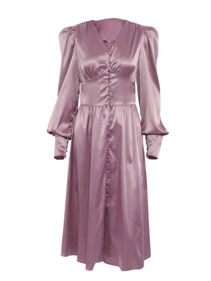 Zaprada long satin dress with V-neck, button closure, bishop sleeves, long sleeves, elegant vintage evening dress for weddings