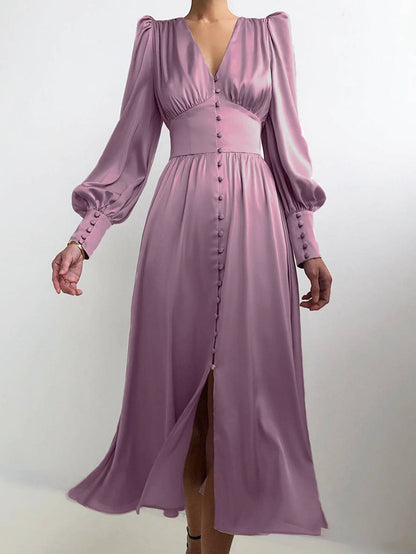 Zaprada long satin dress with V-neck, button closure, bishop sleeves, long sleeves, elegant vintage evening dress for weddings