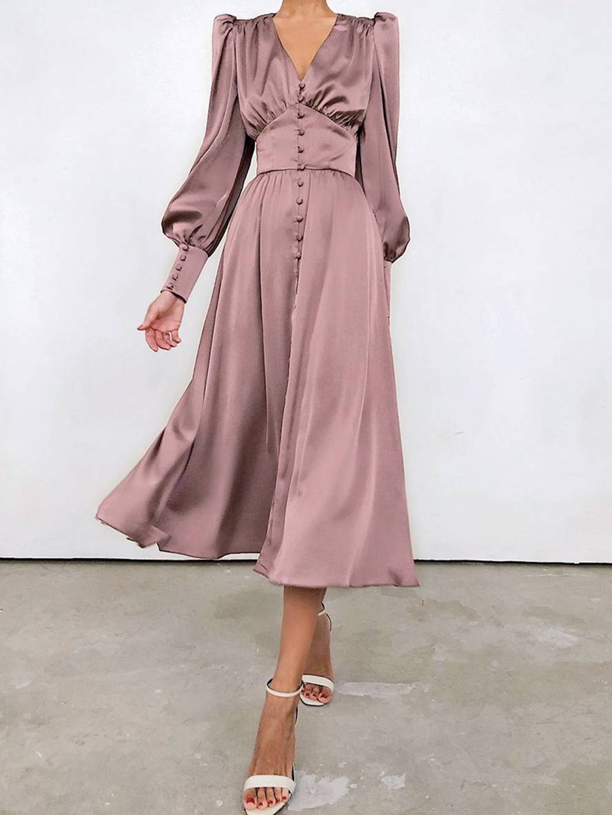 Zaprada long satin dress with V-neck, button closure, bishop sleeves, long sleeves, elegant vintage evening dress for weddings
