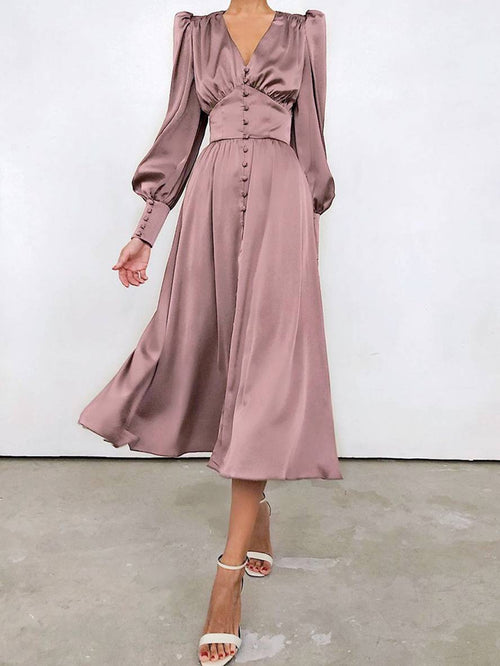 Zaprada long satin dress with V-neck, button closure, bishop sleeves, long sleeves, elegant vintage evening dress for weddings