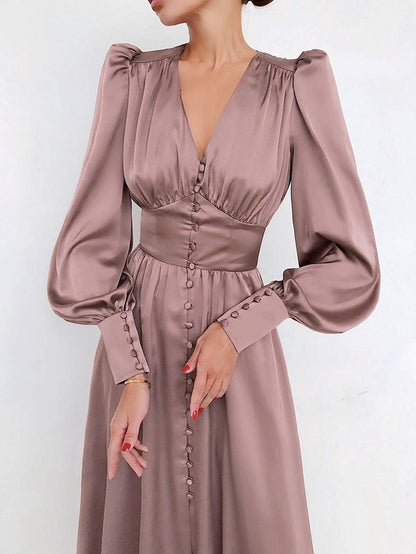 Zaprada long satin dress with V-neck, button closure, bishop sleeves, long sleeves, elegant vintage evening dress for weddings