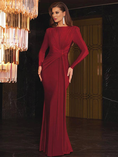 Zaprada long, form-fitting, solid-color, round-neck, long-sleeve, elegant evening dress for women, suitable for wedding guests