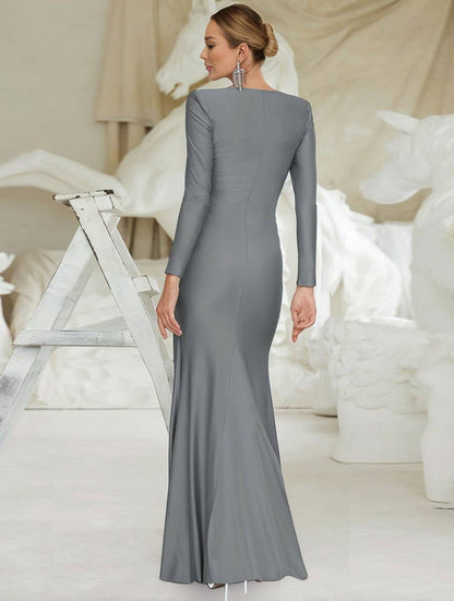 Zaprada long, form-fitting, solid-color, round-neck, long-sleeve, elegant evening dress for women, suitable for wedding guests