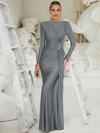 Zaprada long, form-fitting, solid-color, round-neck, long-sleeve, elegant evening dress for women, suitable for wedding guests