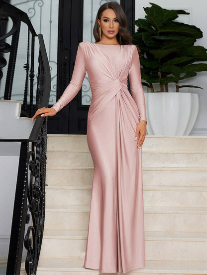 Zaprada long, form-fitting, solid-color, round-neck, long-sleeve, elegant evening dress for women, suitable for wedding guests