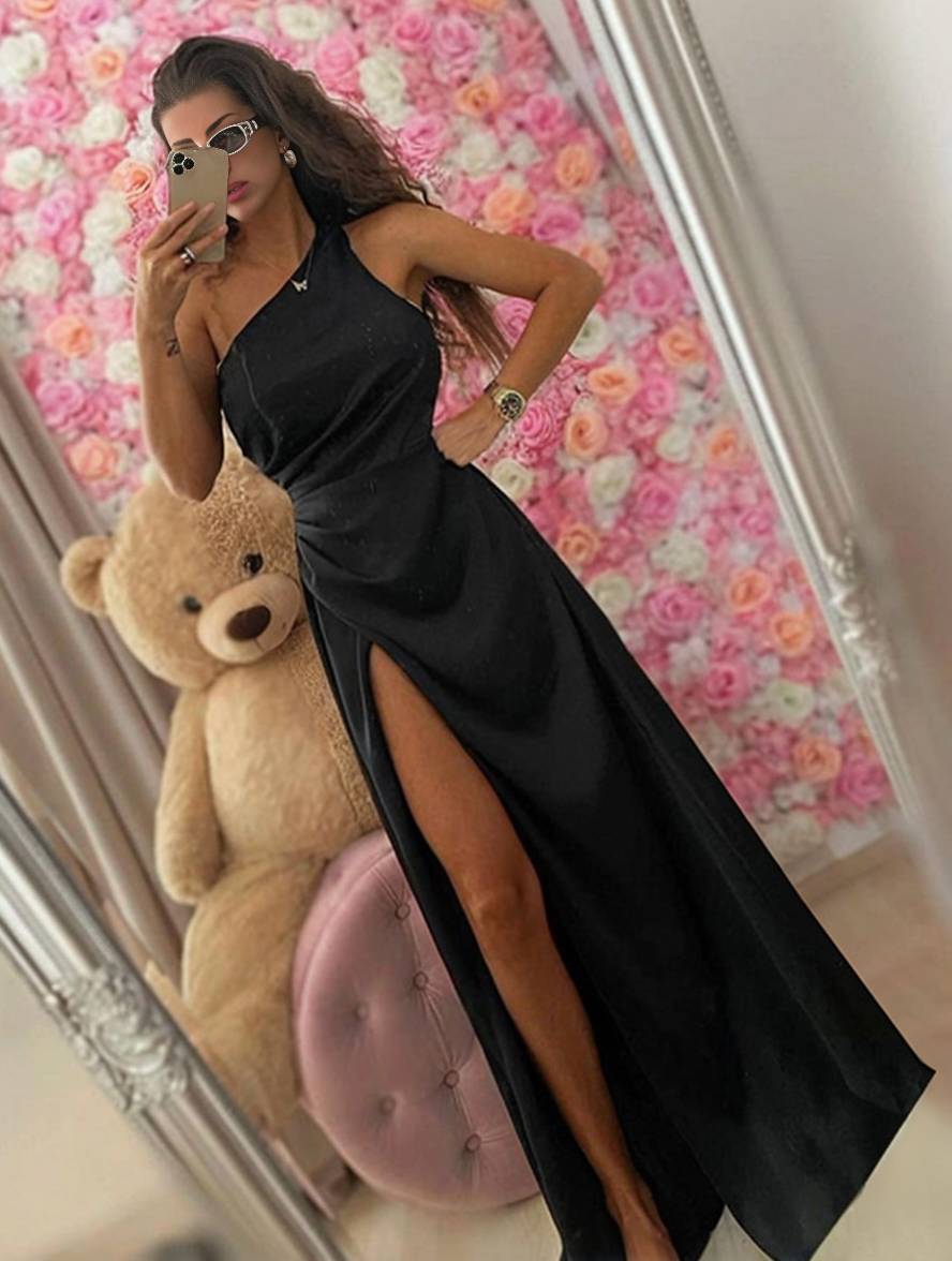 Zaprada long satin dress, form-fitting, one shoulder, slit on the side, backless, sleeveless, elegant evening dress for women.