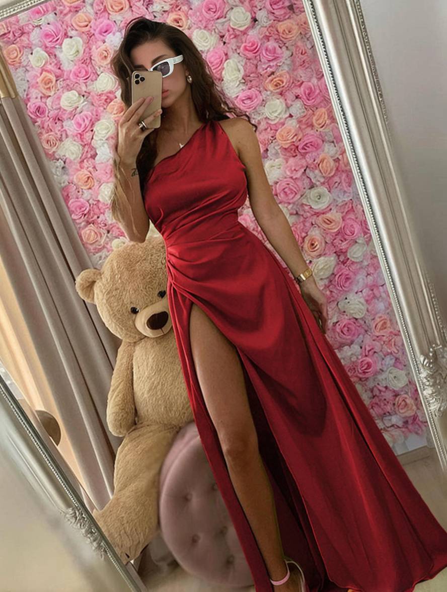 Zaprada long satin dress, form-fitting, one shoulder, slit on the side, backless, sleeveless, elegant evening dress for women.