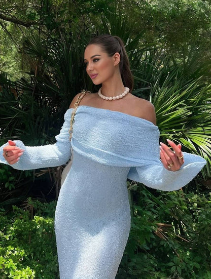 Zaprada long fitted dress with boat neck and long sleeves for women, elegant and casual for beach evenings