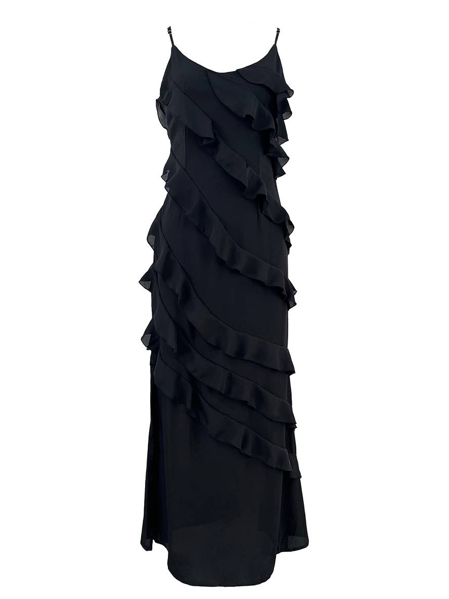 Zaprada long fitted chiffon dress with slit, ruffles, low back, thin straps, V-neck, sleeveless, women's evening wear, wedding dress