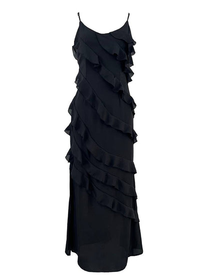 Zaprada long fitted chiffon dress with slit, ruffles, low back, thin straps, V-neck, sleeveless, women's evening wear, wedding dress