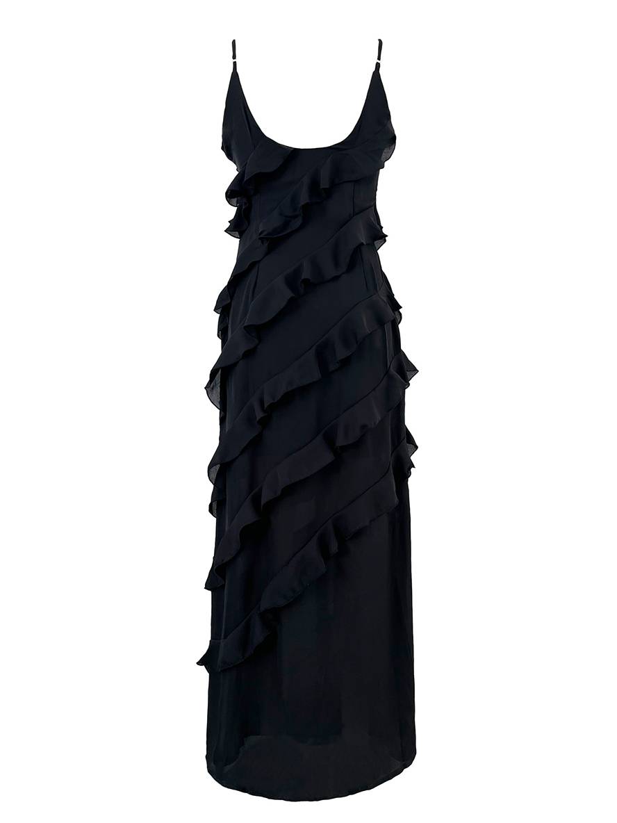 Zaprada long fitted chiffon dress with slit, ruffles, low back, thin straps, V-neck, sleeveless, women's evening wear, wedding dress