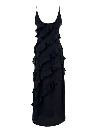 Zaprada long fitted chiffon dress with slit, ruffles, low back, thin straps, V-neck, sleeveless, women's evening wear, wedding dress