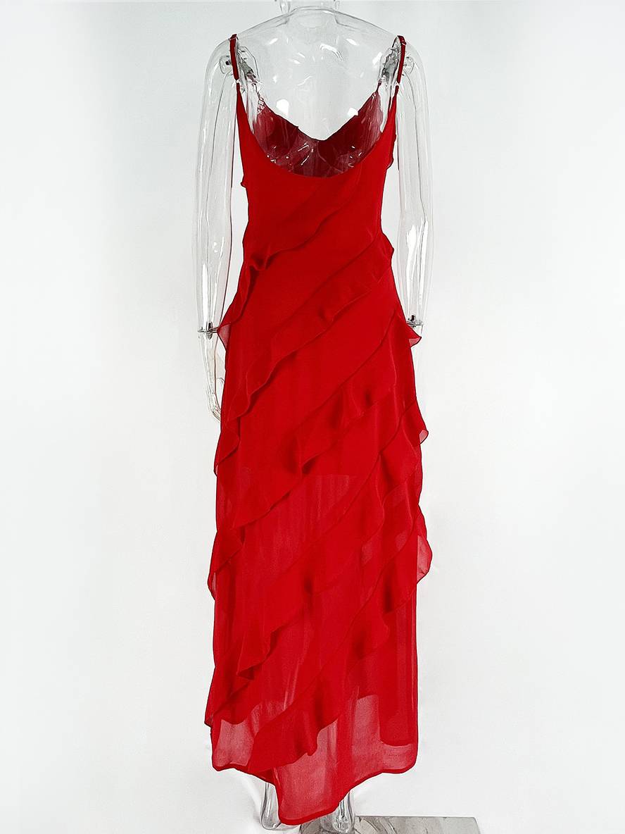 Zaprada long fitted chiffon dress with slit, ruffles, low back, thin straps, V-neck, sleeveless, women's evening wear, wedding dress