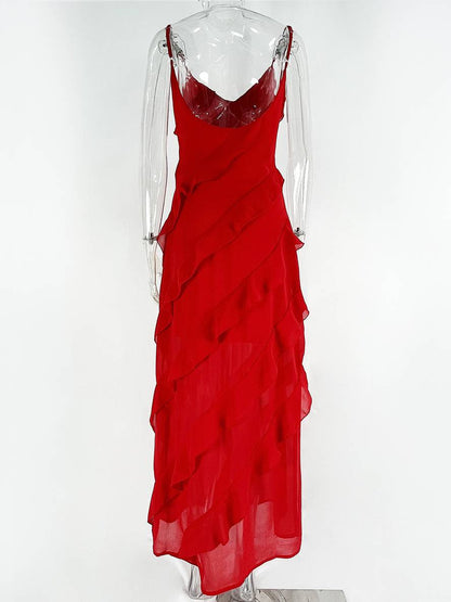 Zaprada long fitted chiffon dress with slit, ruffles, low back, thin straps, V-neck, sleeveless, women's evening wear, wedding dress