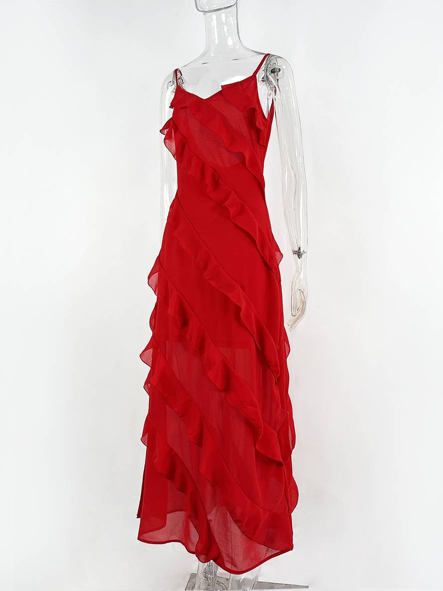 Zaprada long fitted chiffon dress with slit, ruffles, low back, thin straps, V-neck, sleeveless, women's evening wear, wedding dress