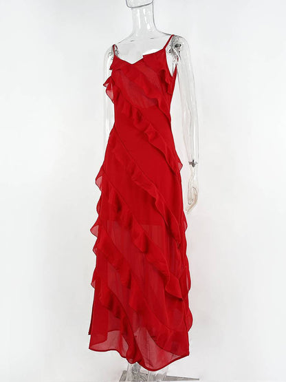 Zaprada long fitted chiffon dress with slit, ruffles, low back, thin straps, V-neck, sleeveless, women's evening wear, wedding dress