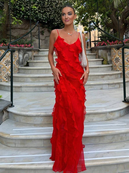Zaprada long fitted chiffon dress with slit, ruffles, low back, thin straps, V-neck, sleeveless, women's evening wear, wedding dress