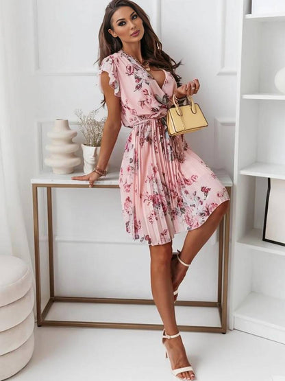 Zaprada mid-length floral V-neck pleated belted short-sleeved bohemian women's beach wedding guest dress