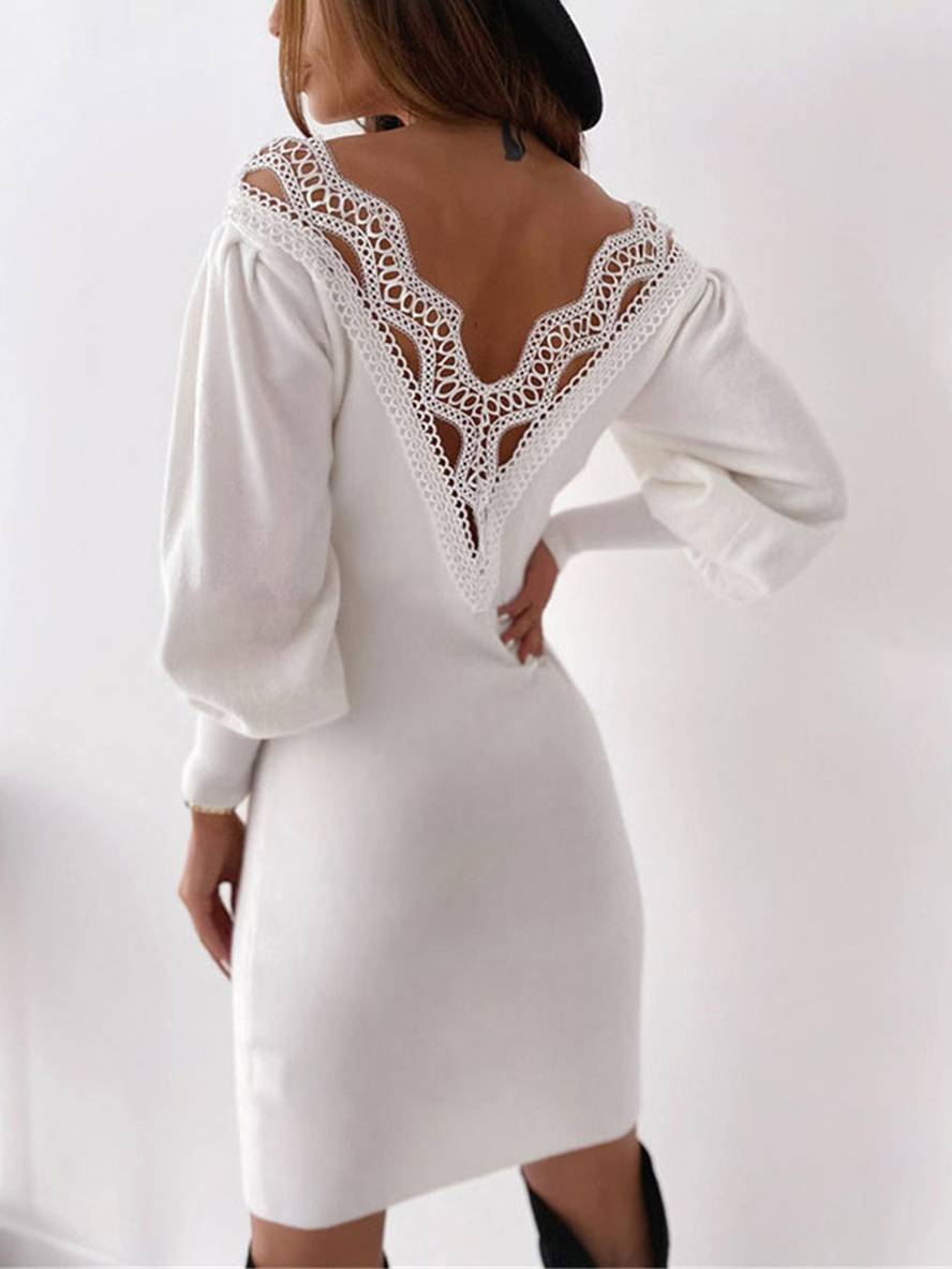 Zaprada Short fitted lace dress with low-cut back, V-neck, bishop sleeves, and long sleeves—elegant and fashionable.