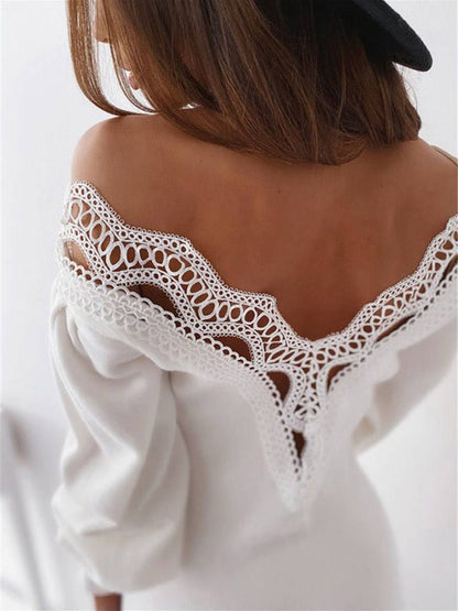 Zaprada Short fitted lace dress with low-cut back, V-neck, bishop sleeves, and long sleeves—elegant and fashionable.