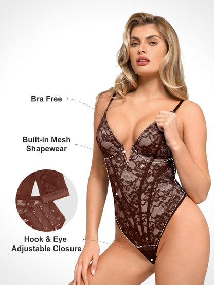 Sheathing lace bodysuit with plunging V-neckline and hourglass bodice