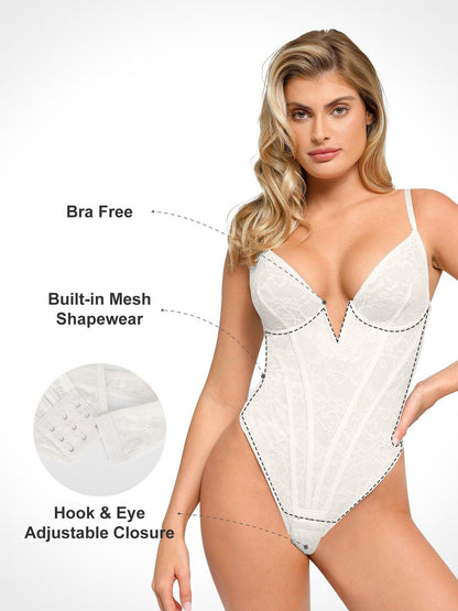 Sheathing lace bodysuit with plunging V-neckline and hourglass bodice
