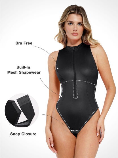 Body sculpture in imitation leather with stand-up collar and front zipper