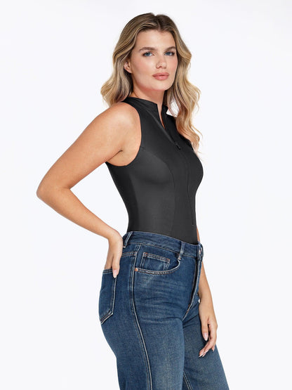 Body sculpture in imitation leather with stand-up collar and front zipper