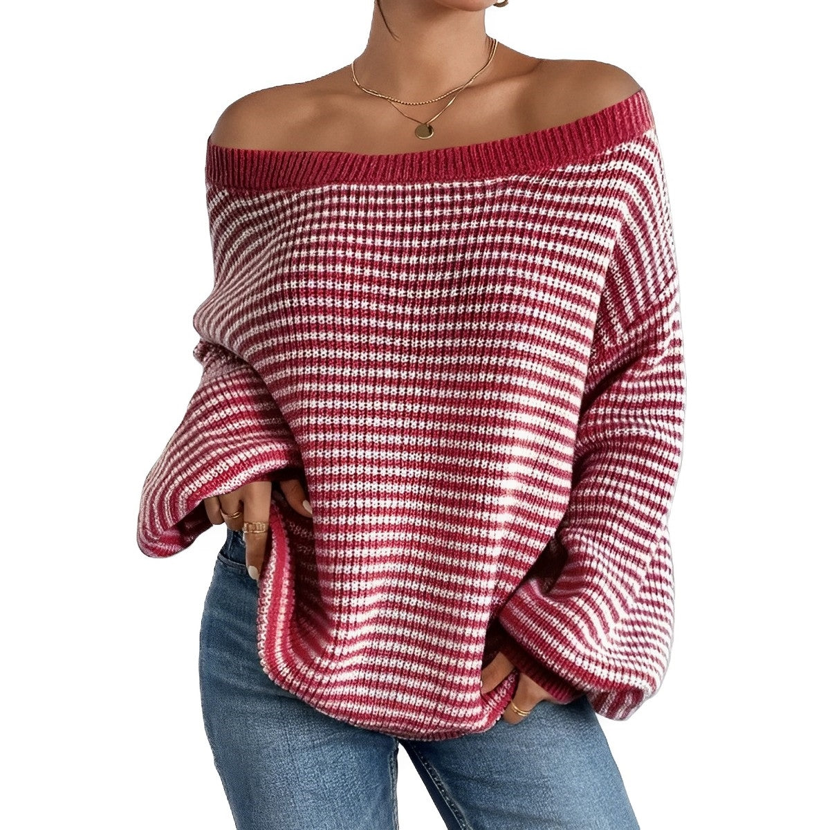 Pull décontracté - Rayures et épaules nues - Confortable et tendance